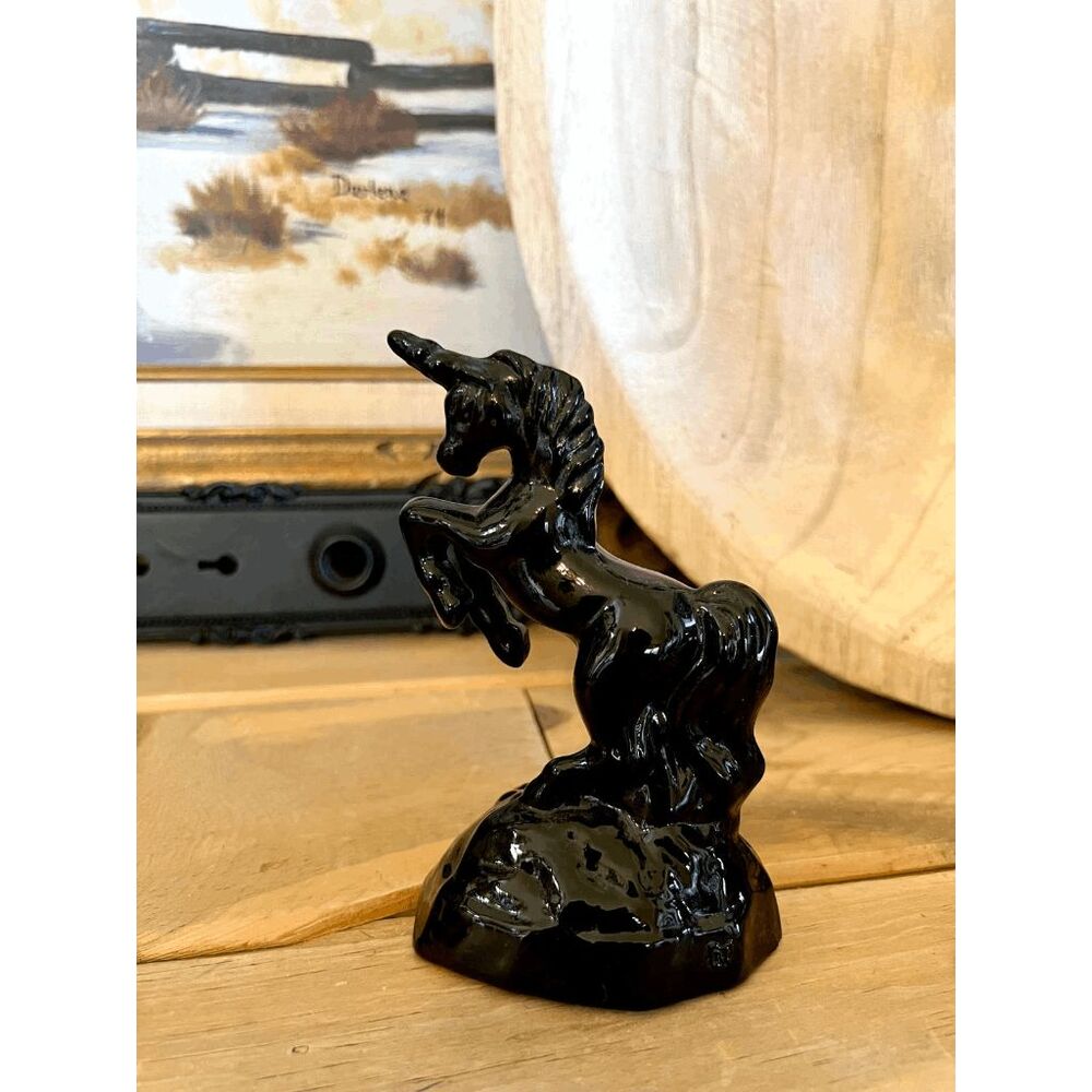 Vintage Fenton Mould Mosser Glass Black Glass Unicorn – Solid Glass Figurine – A